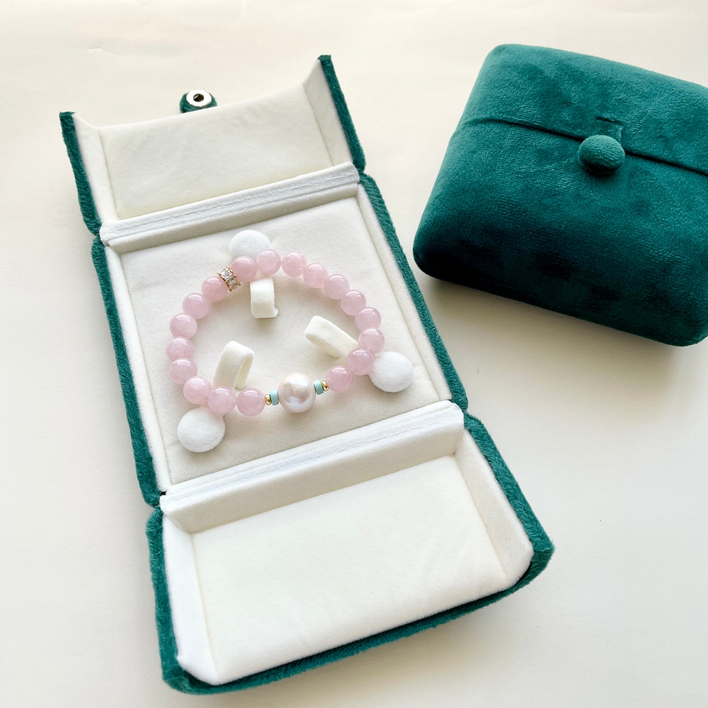 pearl and rose quartz bracelet in box