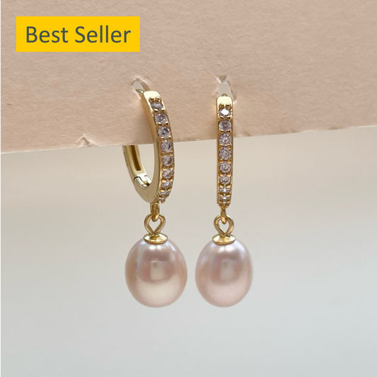 Pearl hoop earrings with cubic zirconia
